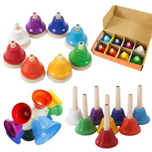 Campana a mano a 8 note Giocattolo musicale per bambini Set di strumenti a percussione arcobaleno Campana a 8 toni Sonaglio rotante Giocattolo educativo per principianti Regalo 240129