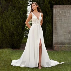 Stunningbride 2024 Boho Abiti da sposa eleganti per le donne Scollo a V Backless Appliques Bottoni in pizzo Chiffon Plus Size Abiti da sposa realizzati su misura