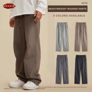 Zodf 2023 homens lavados 380gsm calças de algodão unisex alta rua oversized borda solta em linha reta calças de malha streetwear hy0608 240122