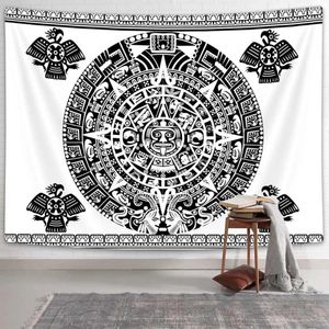 Tapeçarias Calendário Asteca Tapeçaria Preto e Branco Vintage Sinal Maia Palavras Antigas Penduradas na Parede para Quarto Sala de Estar Dormitório Decoração de Casa