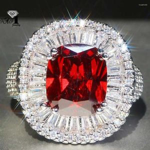 Cluster Rings YaYI Jewelry Fashion Princess Cut Red Corundum Zircon Stamped Silver Color Engagement Wedding Lover Heart Gift (No Glue)