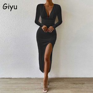 Temel gündelik elbiseler giyu seksi bodycon elbise kadınlar sonbahar 2023 v yaka uzun kolu eklenmiş midi siyah elbise zarif düzensiz ultra ince moda robe kadın j240130