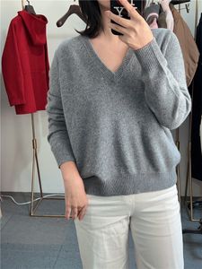 Loro piano inverno loro pianaa suéteres de alta qualidade Sweater de caxemira cinza de decote em V Womens