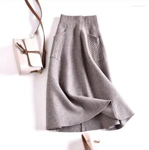 Skirts Autumn Winter Warm Wool Knitting Long Solid Colors Women High Waist With Pocket Loose Female Knit Mid-Calf Skirt