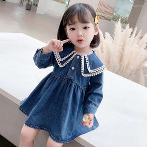 Flickaklänningar 2024 Spring Autumn Ins Children Girls Denim Dress Long Sleeve Fitted midja Pullover Kids Frocks Toddler Outfits