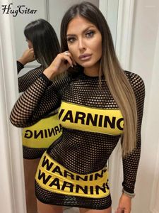 Casual Dresses Hugcitar Mesh O Neck Long Sleeves Letter Print See Through Sexy Bodycon Mini Dress 2024 Fall Women Evening Party Club Y2K