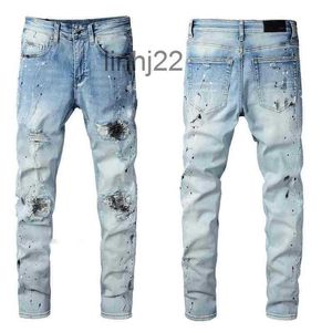 Jeans masculinos homens amirs chaopai 2022ss nevoeiro high street aquarela splash tinta buraco fazendo usado locomotiva elástica slim fitting qdvlv4jps1h