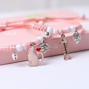 Charm Bracelets Korean Pink Cat And Fishbone Coupls Bracelet For Women Men Cute Cartoon Animal Flower Kids Student Friendship Jewelry