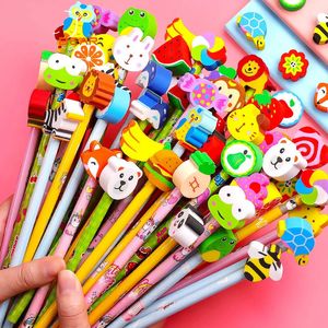 20Pcs/Lot Cute Cartoon HB Wooden Lead Pencils with Animal Head Eraser Childrenwriting Kawaii Stationery School Students Supplies 240118