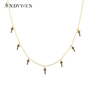 Kedjor Andywen 925 Sterling Silver Winter Black Zircon Cross Charm Choker Long Chain Halsband 2024 Fashion Jewelry Fine Party Tiny Jewe