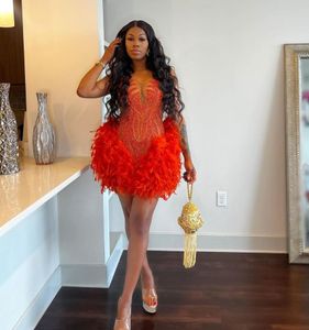 Orange Sparkly Short Prom Formal Dresses for Black Girl Luxury Diamond Crystal Ostrich Feather Birthday Gown Robe de Soiree Evening Evening