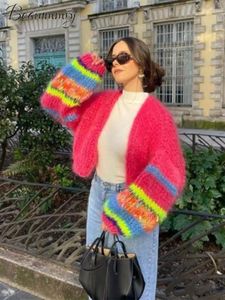 Women's Knits Hollow Out Panelled Tie Dye Kint Women Sweater Autumn Long Lantern Sleeve Female Cardigan 2024 Fashion Loose Short Lady Coat