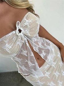 Women's Tanks CHRONSTYLE Lace Bustiers Corsets Strapless Off Shoulder Tube Tops Party Clubwear Mesh See Through Tank Summer Mini Vest 2024