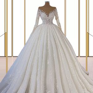 Luksusowe aplikacje z koralikami Suknie ślubne długie rękawy Suknia Sweetheart koronka w górę Princess Illusion Applique Bridal Suknie szata de Mariage 2024 Suknia balowa vestido de novia