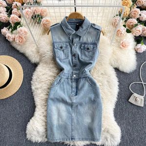 Casual Dresses Summer Women Denim Dress Turn Down Collar Sleeveless Washed MIni 2024 Chic Female Slim Vestido