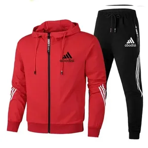 Fatos de treino masculino outono moda roupas casuais ginásio fitness ao ar livre jogging esportiva beisebol com zíper calças com capuz conjunto de 2 peças