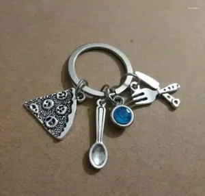 Keychains 1st/Lot Pizza Knife Fork and Spoon Keychain for Keys Car Bag Charm Key Ring Handväska Parkedjor smycken