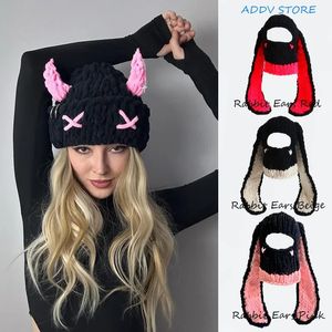 Y2K Damen Hasenohren handgestrickte Mütze Süßes und cooles Küken Verdickte Thermomaske Dämonenhaube Partybär Beanie 240131