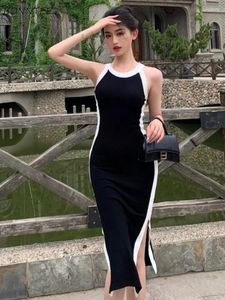 Casual Dresses Women Paneled Slim Korean Style Sexig Vintage Mujer Temperament Ins Fashion Ulzzang Sticked Side-Slit Summer Thin Simple