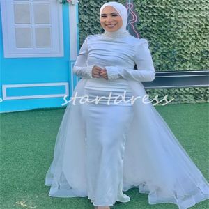 Elegante árabe saudita sereia vestido de casamento com overskirt alto pescoço muçulmano dubai pérolas vestidos de noiva manga longa país turquia noiva robe de mariee chique noiva 2024