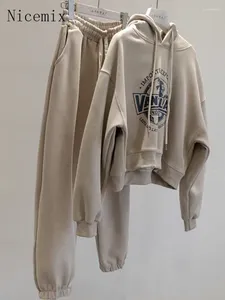 Damskie dwuczęściowe spodnie Nicemix moda retro z kapturem bluzy garnitur w stylu Hongkongu jesienna zima zagęszczenie górne topowe spresy Zestaw Zestaw