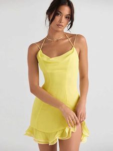 Temel Sıradan Elbiseler Suninheat Yüksek kaliteli hafif plaj bornoz kolsuz mini elbise benzersiz fırfırlı şifon yaz seksi parti sarı kadın giymek J240130