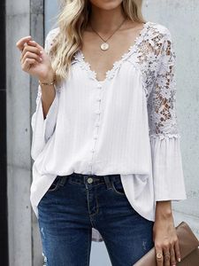 Women's Blouses White Lace Shirts Women Sexy Hollow Out Blouse Female Summer Flare Sleeve Tops Ladies Elegant See V Neck Through Boho Blusas