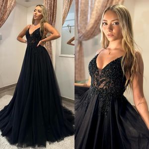 Sexy Black Prom Dress A Line Illusion perline da sera Eleganti cinghie di tulle Abiti per feste per speciali OCNS ROMENDSD