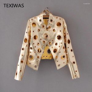 Women's Jackets TEXIWAS Women Luxury Jacket 2024 PU Leather Metal Circle Rivets Hollow Out Holes Top Streetwear Outwear Coat Clothing