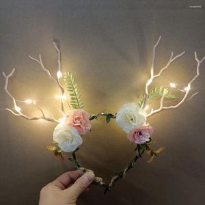 Decoração de festa acender brilho veado antler flor coroa headband galhos de árvore borboleta headdress para traje aniversário natal navidad