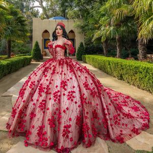 Rotes, glänzendes Ballkleid-Quinceanera-Kleid, Tüll-Applikationen, Blumen, Spitze, schulterfrei, für den 16. Geburtstag, formelle Abendkleider für den 15. Geburtstag