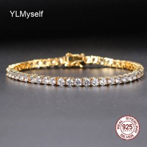 Strands puro vero argento reale 1521 cm Bracciale Tennis Bracciale Pave 3mm/4 mm Scintilla CZ Gold Piatto eterno Regalo per moglie Morificente 925 Gioielli