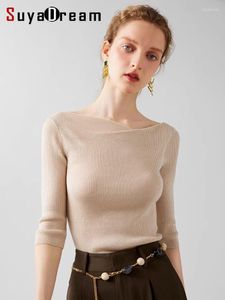 Kvinnors tröjor Suyadream Kvinnor Slash Neck Pullovers Silk Wool Blend Slim Sticked Top 2024 Fall Winter Conforce Beige Charcoal