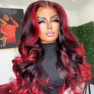 Spetsspår Hot Red Spets Frontal Wig Curly Human Hair Wigs Deep Wave 13x4 Transparent spetsfront peruk Syntetik för svarta kvinnor Pre Plucked