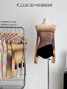 Suéteres femininos harajuku tie dye pullovers de malha feminino slash neck listrado manga longa outono inverno camisola coreano oco para fora chique