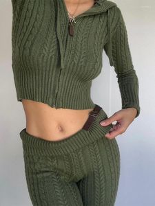 Women's Two Piece Pants Knitted Zipper Crop Hooded Sweater Set Women Solid Longsleeve Woolen Cardigan Tracksuit Slim Sets