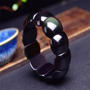 Armbänder Schwarzes Regenbogenauge-Obsidian-Armband Naturstein-Kristall Englische Perle Männer Handreihe Energie-Geschenkschmuck, um böse Geister abzuwehren