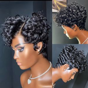 180denstiy Curly Pixie Cut Pixie Brazilian Remy ludzkie włosy Peruki dla czarnych kobiet Kręcone wstępnie wyposażone linia włosów Krótka peruka koronkowa z grzywką z grzywką