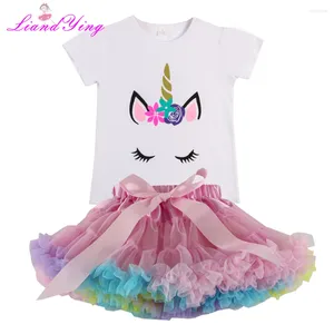 Kläder sätter sommarflickor Rainbow Casual Cotton Horse Print Kort ärm T-shirt Tutu kjolar barn barnflickor kläder
