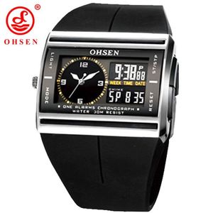 Ohsen marca lcd digital duplo núcleo relógio à prova dwaterproof água esporte ao ar livre relógios alarme cronógrafo backlight borracha preta relógio de pulso masculino l328e