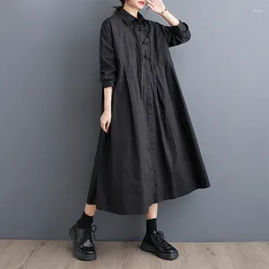 Casual Dresses 2024 Arrival Buckle Dark Black Chic Girl's Chinese Style Autumn Blouse Dress Street Fashion Women Spring Midi