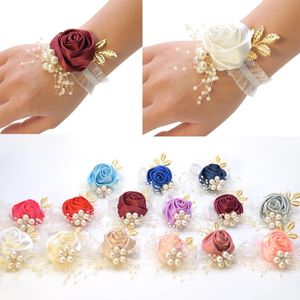 Mädchen Braut Brautjungfer Handgelenk Blume Hochzeit Ballkleid Satin Rose Armband Stoff Hand Blume Hochzeit Zubehör 240131