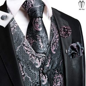 HiTie High Quality Silk Mens Vests Pink Gray Floral Waistcoat Tie Hanky Cufflinks Brooch Set for Men Suit Wedding Office Gift 240119