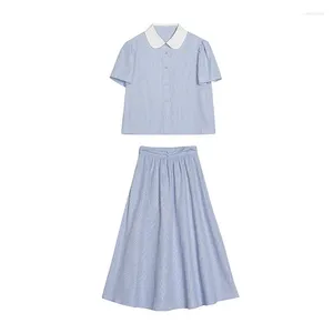 Work Dresses Elegant Blue Striped Skirts Set For Women Turn Down Collar Ruched One Breasted Blouses High Waist Split Skirt Summer 2pcs Suits