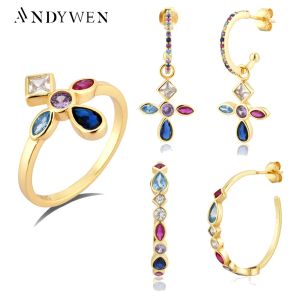 Sets ANDYWEN 925 Sterling Silver Five Color Gold Rainbow Cross Drop Earring Hoops Piercing Ring Jewelry Set For Women Fashion Jewels