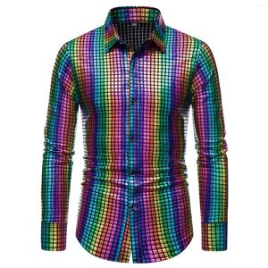 Men's Casual Shirts Rainbow Sequins For Mens 70s Disco Party Costume Gold Silver Multicolour Plaid Loose Art 3d Digital Print Geometric Tops