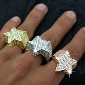 Mens 3D Star 14K Gold Plated Copper Rings Bling Iced Out CZ Stone Star Shape Ring Gold Silver Rosegold Hiphop Jewelry289h