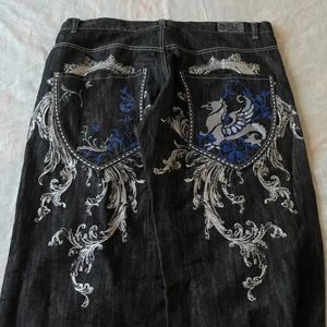 Hip Hop Harajuku Gothic Pattern Print Loose Casual Black Jeans Mens Mångsidiga High Street Straight Ben Wide Pants 240125