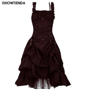 Casual Dresses Women's Gothic Prom Dress Slim Irregular Straps Corset Lace Black Steampunk Evening Cocktail Formal Gown