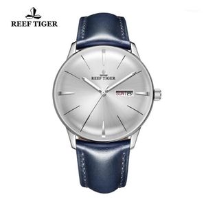 Relógios de pulso 2021 Reef Tiger RT Vestido Relógios para Homens Azul Banda De Couro Convexa Lente Branco Dial Automático RGA82381199J